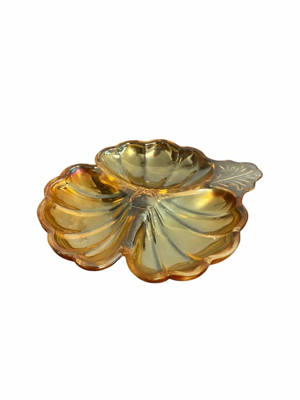Vintage Marigold Carnival Glass 3 Section Clover Candy Dish Leaf Handle Amber